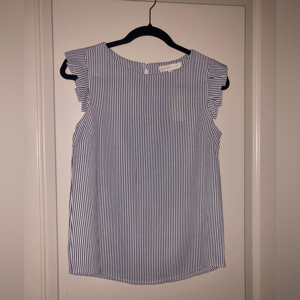 Monteau Navy Blue and White Striped Ruffle Sleeve Blouse PTP 19in